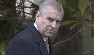 Britain&#39;s Prince Andrew is seen in this April 5, 2015 photo in London. A tentative settlement has been reached in a lawsuit accusing Prince Andrew of sexually abusing Virginia Giuffre when she was 17 years old, according to a court filing in Manhattan on Tuesday, Feb. 15, 2022. (Neil Hall/PA via AP)