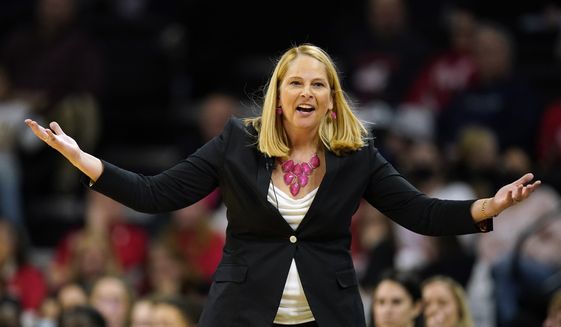 Maryland head coach Brenda Frese reacts to a call against her team during the second half of an NCAA college basketball game against Iowa, Monday, Feb. 14, 2022, in Iowa City, Iowa. Maryland won 81-69. (AP Photo/Charlie Neibergall **FILE**