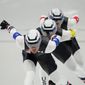 Team United States, led by Joey Mantia, with Emery Lehman center and Casey Dawson, competes during the speedskating men&#39;s team pursuit finals at the 2022 Winter Olympics, Tuesday, Feb. 15, 2022, in Beijing. (AP Photo/Ashley Landis)