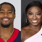 Jonathan Owens of the Houston Texans NFL football team appears in 2021, left, and Olympic gymnast Simone Biles appears at the MTV Video Music Awards in New York on Sept. 12, 2021. Biles confirmed on her social media account that she and Owens are engaged. (AP Photo)