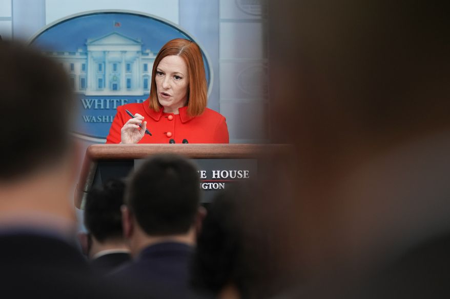White House press secretary Jen Psaki speaks during a press briefing at the White House, Wednesday, Feb. 16, 2022, in Washington. (AP Photo/Patrick Semansky)