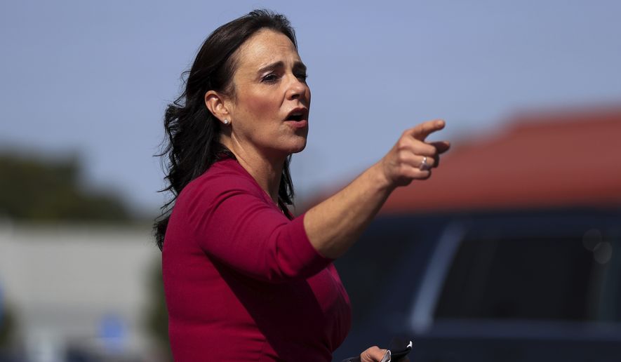 In this file photo from Oct. 6, 2020, Jane Timken, the chairwoman of the Ohio Republican Party, speaks in Norwood, Ohio. (AP Photo/Aaron Doster, File)