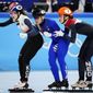 Choi Min-jeong, left, of South Korea, crosses the finish line ahead of Arianna Fontana of Italy, Suzanne Schulting, right, of the Netherlands, in the women&#39;s 1500-meters final during the short track speedskating competition at the 2022 Winter Olympics, Wednesday, Feb. 16, 2022, in Beijing. (AP Photo/Bernat Armangue)