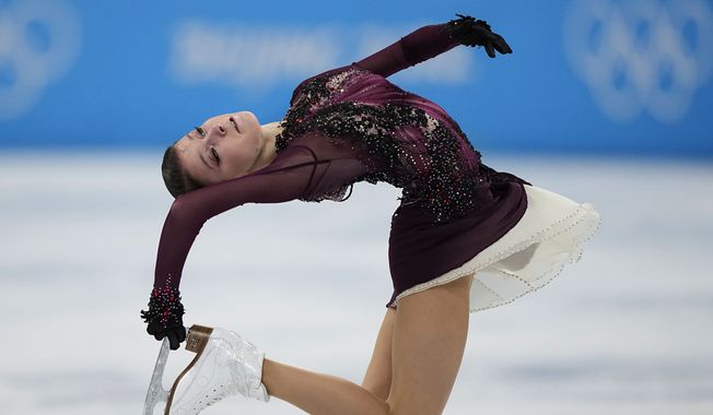 Anna Shcherbakova, of the Russian Olympic Committee, competes in the women&#x27;s free skate program during the figure skating competition at the 2022 Winter Olympics, Thursday, Feb. 17, 2022, in Beijing. (AP Photo/David J. Phillip)