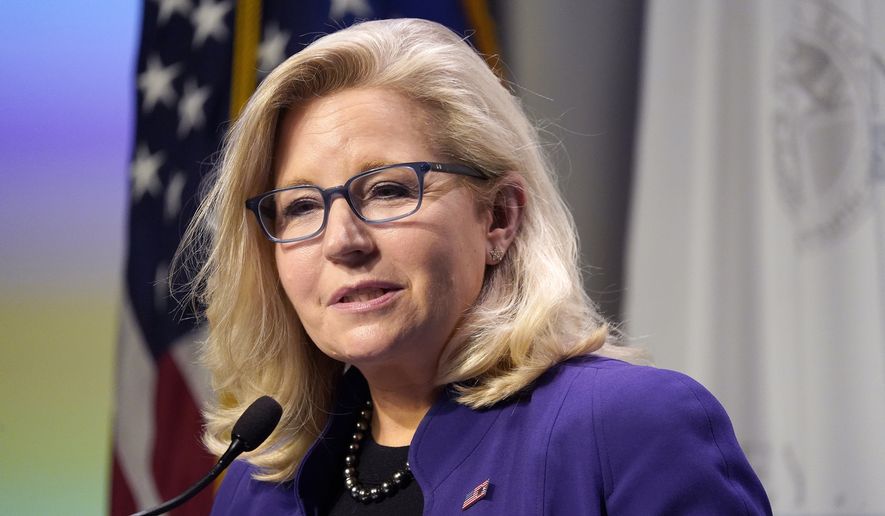 Rep. Liz Cheney, R-Wyo., speaks during the Nackey S. Loeb School of Communications&#39; 18th First Amendment Awards at the NH Institute of Politics at Saint Anselm College in Manchester, N.H., on Nov. 9, 2021. (AP Photo/Mary Schwalm, File)