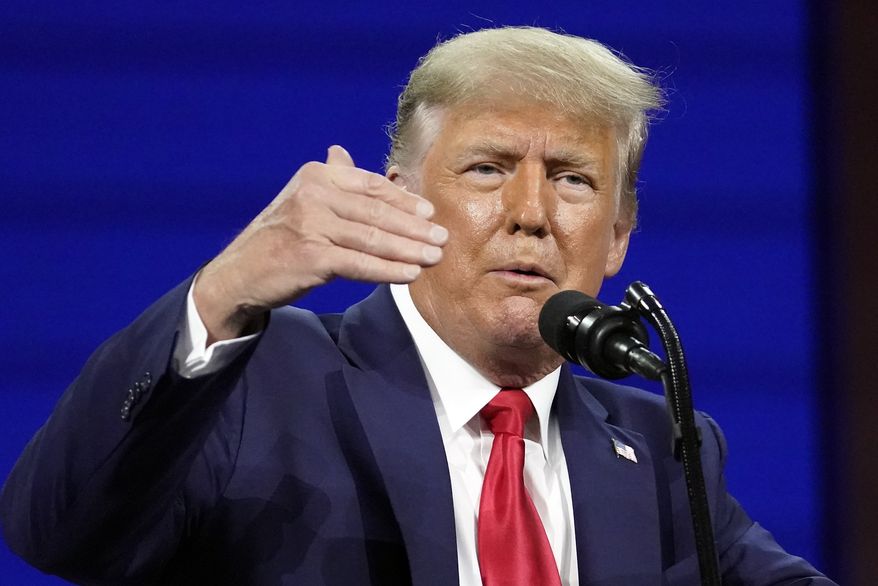 Former President Donald Trump speaks at the Conservative Political Action Conference (CPAC) Sunday, Feb. 28, 2021, in Orlando, Fla. (AP Photo/John Raoux, File)