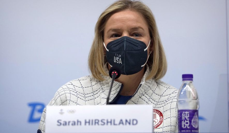 FILE - United States Olympic and Paralympic Committee CEO Sarah Hirshland speaks during a press conference at the 2022 Winter Olympics, Feb. 4, 2022, in Beijing. (AP Photo/Mark Schiefelbein, File)