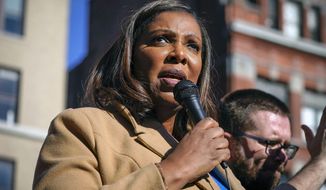 New York Attorney General Letitia James speaks during a rally in support of home care workers in New York, Dec. 14, 2021. A judge is scheduled to hear arguments Thursday, Feb. 17, 2022, in a legal fight over whether former President Donald Trump must answer questions under oath in a New York investigation into his business practices.  (AP Photo/Seth Wenig, File)