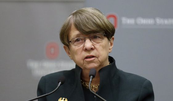 Mary Jo White speaks during a news conference in Columbus, Ohio, Aug. 22, 2018. The NFL has hired former Securities and Exchange Commission chair White to investigate an allegation that Washington Commanders owner Dan Snyder sexually harassed a team employee more than a decade ago. (AP Photo/Paul Vernon, File) ** FILE**