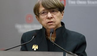 Mary Jo White speaks during a news conference in Columbus, Ohio, Aug. 22, 2018. The NFL has hired former Securities and Exchange Commission chair White to investigate an allegation that Washington Commanders owner Dan Snyder sexually harassed a team employee more than a decade ago. (AP Photo/Paul Vernon, File)