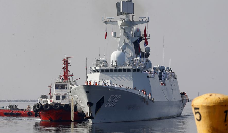 A type 054A guided missile frigate &quot;Wuhu,&quot; prepares to dock at Manila&#39;s South Harbor for a four-day port call Thursday, Jan. 17, 2019, in Manila, Philippines. The Australian Defense Department says a Chinese navy ship fired a laser at one of its surveillance aircraft, putting the lives of the crew in danger. It says the incident happened on Thursday, Feb. 17, 2022, when the P-8A Poseidon plane detected a laser illuminating the aircraft while in flight over Australia’s northern approaches. (AP Photo/Bullit Marquez, File)