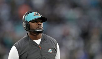 FILE - Miami Dolphins head coach Brian Flores looks on against the New York Jets during an NFL football game, on Nov. 21, 2021, in East Rutherford, N.J. The Pittsburgh Steelers hired the former Miami Dolphins coach on Saturday, Feb. 19, 2022, to serve as a senior defensive assistant. The hiring comes less than three weeks after Flores sued the NFL and three teams over alleged racist hiring practices following his dismissal by Miami in January.  (AP Photo/Adam Hunger, File)