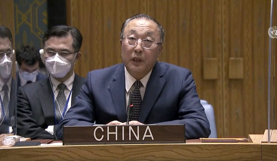 In this image made from UNTV video, China&#39;s Ambassador to the United Nations Zhang Jun speaks during an emergency U.N. Security Council meeting on Ukraine, at the U.N. headquarters, Monday, Feb. 21, 2022. (UNTV via AP)