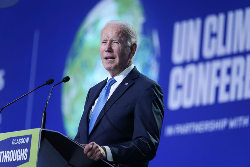 President Joe Biden speaks during the &quot;Accelerating Clean Technology Innovation and Deployment&quot; event at the COP26 U.N. Climate Summit, Nov. 2, 2021, in Glasgow, Scotland. (AP Photo/Evan Vucci, Pool, File)