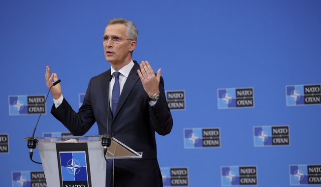 NATO Secretary-General Jens Stoltenberg speaks during a media conference after a meeting of the NATO-Ukraine Commission at NATO headquarters in Brussels, Tuesday, Feb. 22, 2022. (AP Photo/Olivier Matthys)