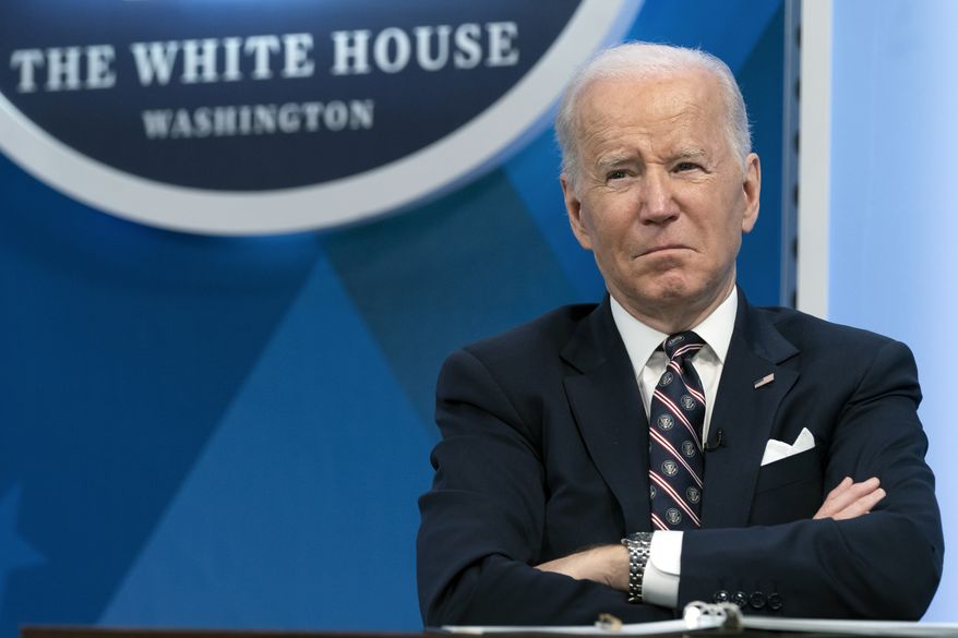President Joe Biden listens during an event in the South Court Auditorium in the Eisenhower Executive Office Building on the White House complex, Tuesday, Feb. 22, 2022, in Washington. (AP Photo/Alex Brandon)