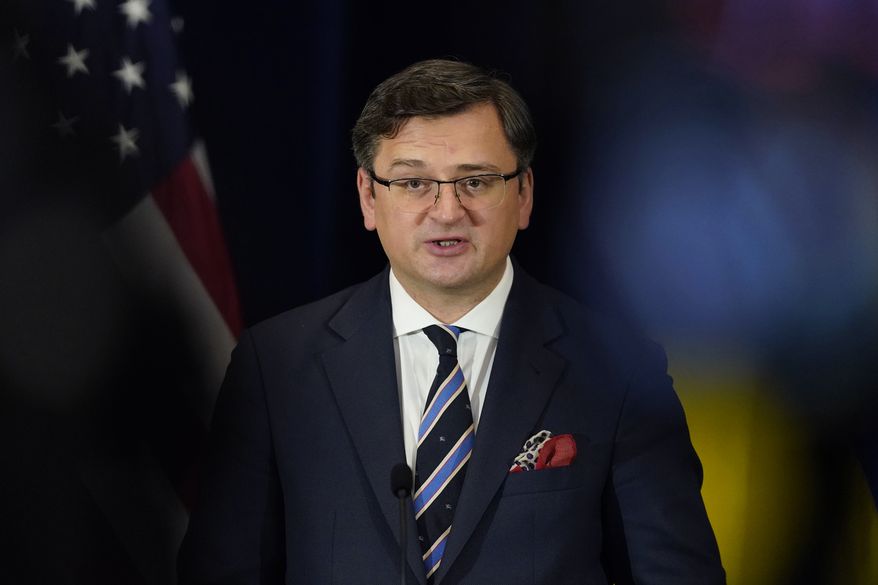 Ukraine&#x27;s Foreign Minister Dmytro Kuleba speaks during a news conference with Secretary of State Antony Blinken at the State Department in Washington, Tuesday, Feb. 22, 2022. (AP Photo/Carolyn Kaster, Pool)