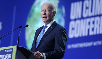 FILE - President Joe Biden speaks during the &amp;quot;Accelerating Clean Technology Innovation and Deployment&amp;quot; event at the COP26 U.N. Climate Summit, Nov. 2, 2021, in Glasgow, Scotland. The Biden administration is delaying decisions on new federal oil and gas drilling and other energy-related actions after a federal court ruling blocked the way officials were calculating the real-world costs of climate change. (AP Photo/Evan Vucci, Pool, File)