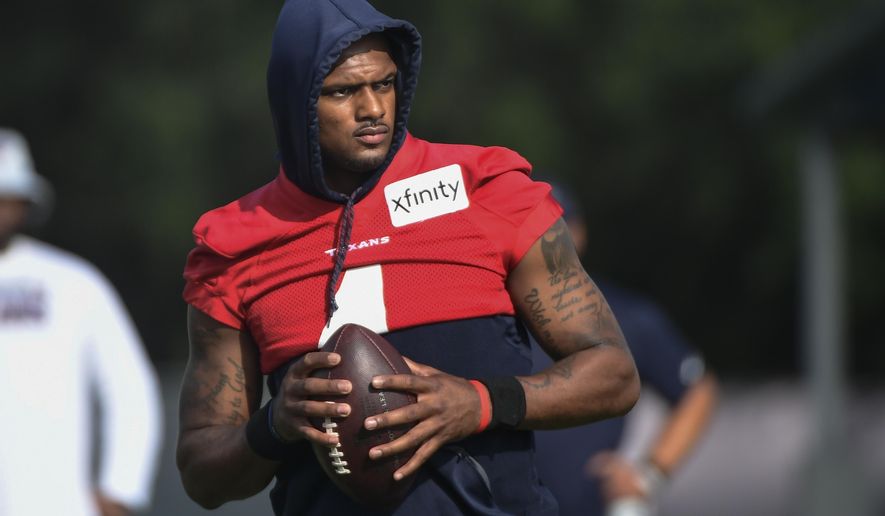 Texans quarterback Deshaun Watson (4) practices with the team during NFL football practice Monday, Aug. 2, 2021, in Houston. A judge has declined efforts by attorneys for Houston Texans quarterback Deshaun Watson to delay all his depositions in connection with lawsuits filed by 22 women who have accused him of sexual assault and harassment. During a court hearing Monday, Feb. 21, 2022, defense attorney Rusty Hardin asked that depositions be delayed until the end of a criminal investigation. (AP Photo/Justin Rex File)