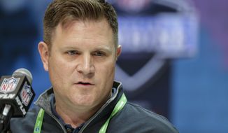 Green Bay Packers general manager Brian Gutekunst speaks during a press conference at the NFL football scouting combine in Indianapolis, Tuesday, Feb. 25, 2020. Green Bay Packers general manager Brian Gutekunst says he’s not giving Aaron Rodgers any deadlines for when to decide on a possible return but believes the four-time MVP will reach a resolution soon.(AP Photo/Michael Conroy, File) **FILE**