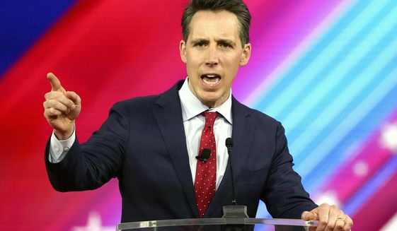 Sen. Josh Hawley, R-Mo., speaks at the Conservative Political Action Conference (CPAC) Thursday, Feb. 24, 2022, in Orlando, Fla. (AP Photo/John Raoux)