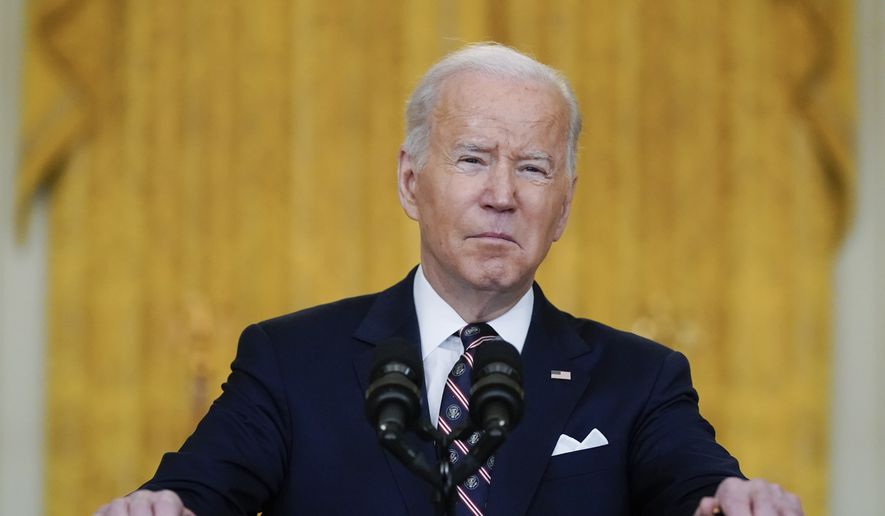 President Joe Biden speaks about Ukraine in the East Room of the White House, Feb. 22, 2022, in Washington. (AP Photo/Alex Brandon, File)