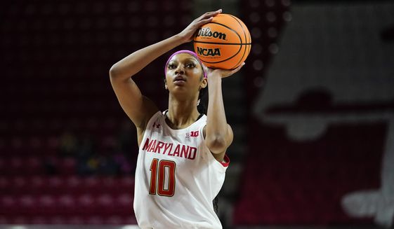 Maryland forward Angel Reese shoots against Wisconsin during the second half of an NCAA college basketball game, Wednesday, Feb. 9, 2022, in College Park, Md. Maryland won 70-43. (AP Photo/Julio Cortez)