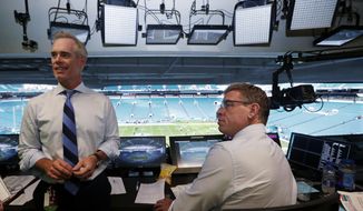 FILE - Fox Sports play-by-play announcer Joe Buck, left, and analyst Troy Aikman work in the broadcast booth before a preseason NFL football game between the Miami Dolphins and Jacksonville Jaguars in Miami Gardens, Fla., Aug. 22, 2019. Aikman is on the verge of leaving Fox after 22 years to become the lead analyst on ESPN&#x27;s Monday Night Football. The New York Post reported that Aikman will sign a five-year deal that would rival the $17.5 million per year Tony Romo is making at CBS. (AP Photo/Lynne Sladky, File)