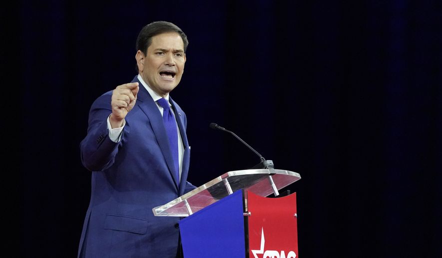 Sen. Marco Rubio, R-Fla., speaks at the Conservative Political Action Conference (CPAC) Friday, Feb. 25, 2022, in Orlando, Fla. (AP Photo/John Raoux)