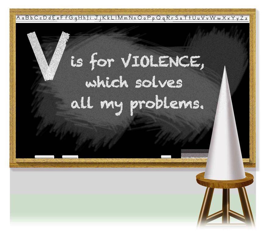 Illustration on schools and miseducation on the efficacy of violence by Alexander Hunter/The Washington Times