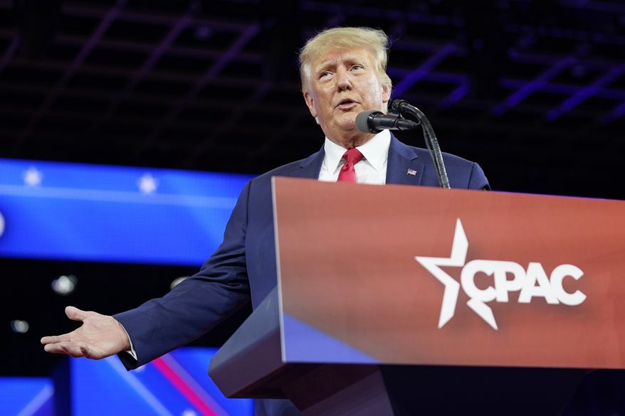 Former President Donald Trump, speaks at the Conservative Political Action Conference (CPAC) Saturday, Feb. 26, 2022, in Orlando, Fla. (AP Photo/John Raoux)