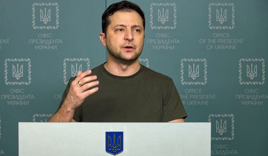 In this photo taken from video provided by the Ukrainian Presidential Press Office, Ukrainian President Volodymyr Zelenskyy speaks to the nation in Kyiv, Ukraine, Sunday, Feb. 27, 2022. Street fighting broke out in Ukraine&#39;s second-largest city Sunday and Russian troops put increasing pressure on strategic ports in the country&#39;s south following a wave of attacks on airfields and fuel facilities elsewhere that appeared to mark a new phase of Russia&#39;s invasion. (Ukrainian Presidential Press Office via AP)