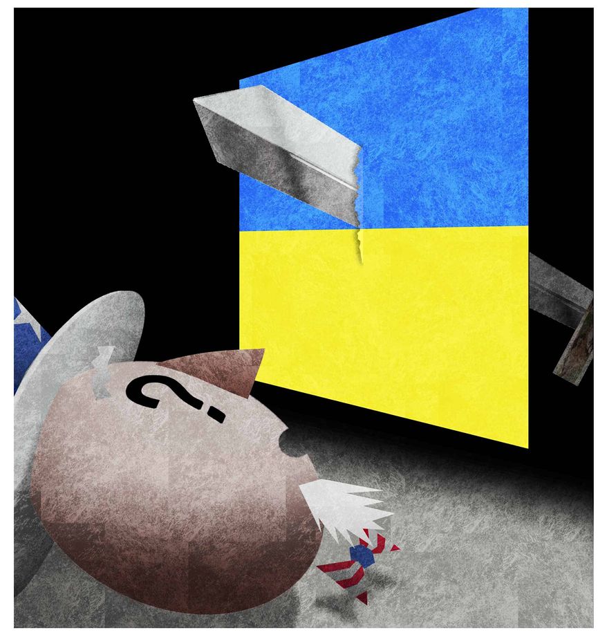 Illustration on the U.S. reaction to Russia&#39;s invasion of Ukraine by Alexander Hunter/The Washington Times