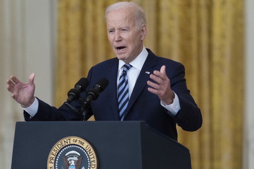 President Joe Biden speaks about the Russian invasion of Ukraine in the East Room of the White House, Feb. 24, 2022, in Washington. (AP Photo/Alex Brandon, File)