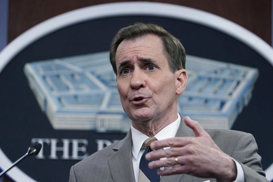 Pentagon spokesman John Kirby speaks during a briefing at the Pentagon in Washington, Monday, Feb. 28, 2022. (AP Photo/Susan Walsh)