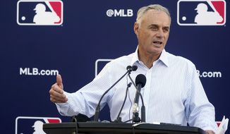 Major League Baseball Commissioner Rob Manfred speaks during a news conference after negotiations with the players&#39; association toward a labor deal, Tuesday, March 1, 2022, at Roger Dean Stadium in Jupiter, Fla. Manfred said he is canceling the first two series of the season that was set to begin March 31, dropping the schedule from 162 games to likely 156 games at most. Manfred said the league and union have not made plans for future negotiations. Players won&#39;t be paid for missed games. (AP Photo/Wilfredo Lee)