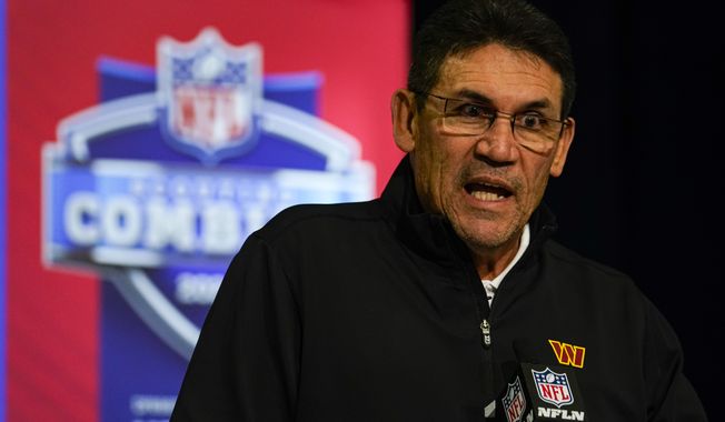 Washington Commanders head coach Ron Rivera speaks during a press conference at the NFL football scouting combine in Indianapolis, Tuesday, March 1, 2022. (AP Photo/Michael Conroy)