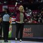 Maryland head coach Brenda Frese reacts after a basket by guard Diamond Miller against Indiana during the second half of an NCAA college basketball game, Friday, Feb. 25, 2022, in College Park, Md. Maryland won 67-64. (AP Photo/Julio Cortez) **FILE**