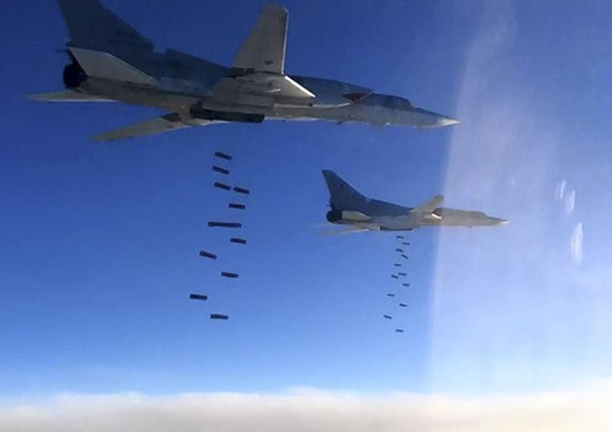 This photo, provided by the Russian Defense Ministry Press Service, shows Russian Air Force Tu-22M3 bombing Islamic State group targets in Syria, Jan. 23, 2017. On September 11, a Tu-22 Tupolev bomber (not pictured) fired an AS-4 Kitchen anti-ship missile that hit the merchant vessel (MV) Aya after it left the Ukrainian port of Odesa. The cargo ship was carrying 26,000 tons of grain bound for Egypt at the time. (Russian Defense Ministry Press Service via AP, File)