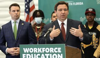Florida Gov. Ron DeSantis gestures during a news conference after announcing a $20 million dollar program to create cybersecurity opportunities through the Florida Center for Cybersecurity at the University of South Florida Wednesday, March 2, 2022, in Tampa, Fla. (AP Photo/Chris O&#39;Meara)