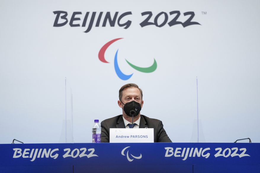 International Paralympic Committee President Andrew Parsons speaks during a briefing to Presidents and Secretary Generals of National Paralympic Committees and International Federations, following the IPC Governing Board decision on Russia, Belarus and Ukraine at the Paralympic Village ahead of the Beijing 2022 Winter Paralympic Games in Beijing, China, Wednesday, March 2, 2022. (Joel Marklund/OIS via AP)