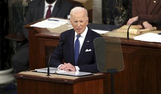 President Joe Biden delivers his first State of the Union address to a joint session of Congress at the Capitol, Tuesday, March 1, 2022, in Washington. (Julia Nikhinson/Pool via AP)