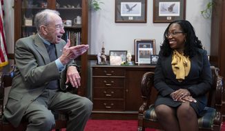 Supreme Court nominee Ketanji Brown Jackson meets with Senate Judiciary Committee ranking member Sen. Chuck Grassley, R- Iowa, on Capitol Hill, Wednesday, March 2, 2022, in Washington. If confirmed, Jackson would be the court&#39;s first Black female justice. Mr. Grassley has expressed concern with the speed with which Democrats hope to move the confirmation process. (AP Photo/Evan Vucci)
