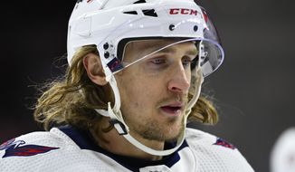 Washington Capitals&#39; Carl Hagelin is shown during an NHL hockey game against the Philadelphia Flyers, Thursday, Feb. 17, 2022, in Philadelphia. Hagelin is expected to miss an extended period of time because of an eye injury. Hagelin was struck with an errant stick during practice Tuesday, March 1, 2022. (AP Photo/Derik Hamilton) **FILE**