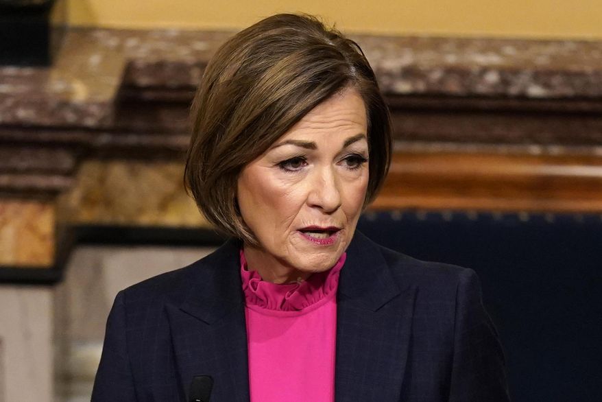 Iowa Gov. Kim Reynolds delivers her Condition of the State address before a joint session of the Iowa Legislature, on Jan. 11, 2022, at the Statehouse in Des Moines, Iowa. (AP Photo/Charlie Neibergall, File)