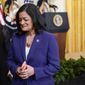 Rep. Pramila Jayapal, D-Wash., arrives in the East Room of the White House in Washington, D.C., in this March 3, 2022, file photo. Progressives lawmakers like Ms. Jayapal say a budget bill before the House should not move forward if it penalizes states that have used federal coronavirus funds equally with those that have not. (AP Photo/Patrick Semansky)  **FILE**
