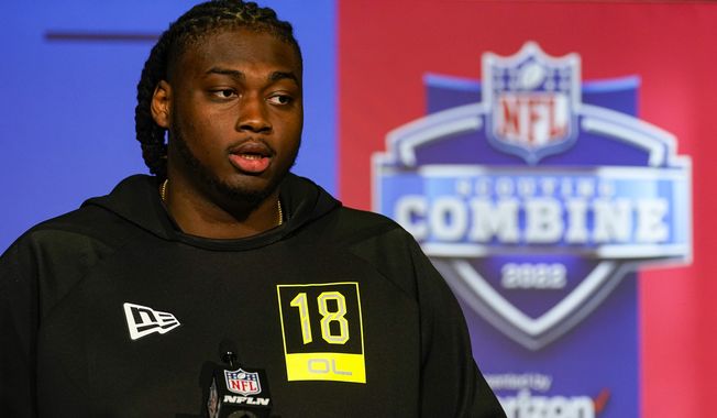 Texas A&amp;M offensive lineman Kenyon Green speaks during a press conference at the NFL football scouting combine in Indianapolis, Thursday, March 3, 2022. (AP Photo/Michael Conroy)