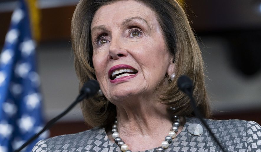 Speaker of the House Nancy Pelosi, of Calif., speaks to the media, Thursday, March 3, 2022, on Capitol Hill in Washington. (AP Photo/Jacquelyn Martin)