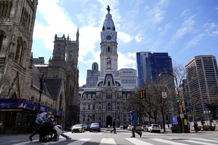 City Hall in Philadelphia, Thursday, March 3, 2022. House Democrats gathered in Philadelphia on Wednesday to address the country's biggest issues, as residents in the city that set a record for homicides in 2021 stress that rising crime remains a top concern. (AP Photo/Matt Rourke)