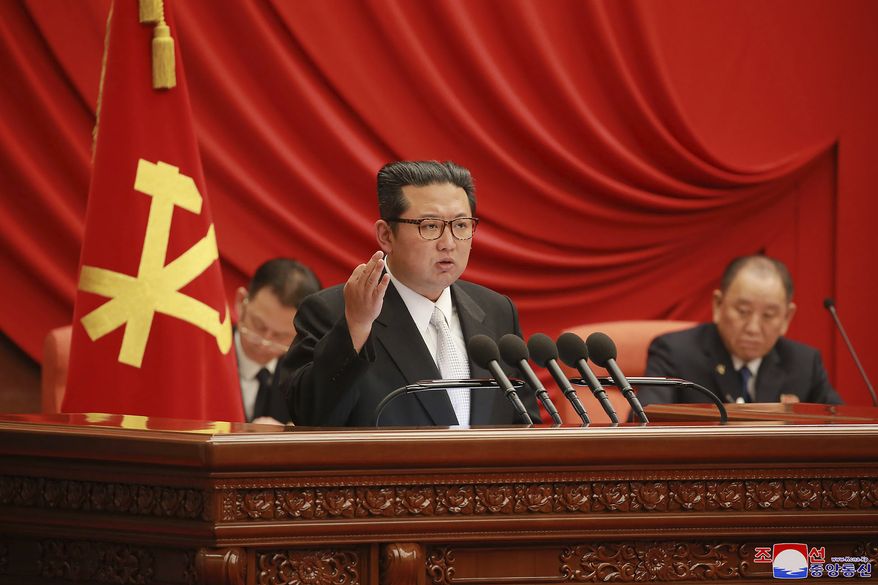 FILE - In this photo provided by the North Korean government, North Korean leader Kim Jong Un, center, attends a meeting of the Central Committee of the ruling Workers' Party in Pyongyang, North Korea. The photo was taken during Dec. 27 - Dec. 31, 2021, according to the source. Ahead of the March 9 presidential election in South Korea, major candidates are embroiled in a heated debate over how to address a foreign policy challenges that include the U.S.-China rivalry, North Korea's nuclear threats and badly strained ties with Japan. Independent journalists were not given access to cover the event depicted in this image distributed by the North Korean government. The content of this image is as provided and cannot be independently verified. Korean language watermark on image as provided by source reads: "KCNA" which is the abbreviation for Korean Central News Agency. (Korean Central News Agency/Korea News Service via AP, File)